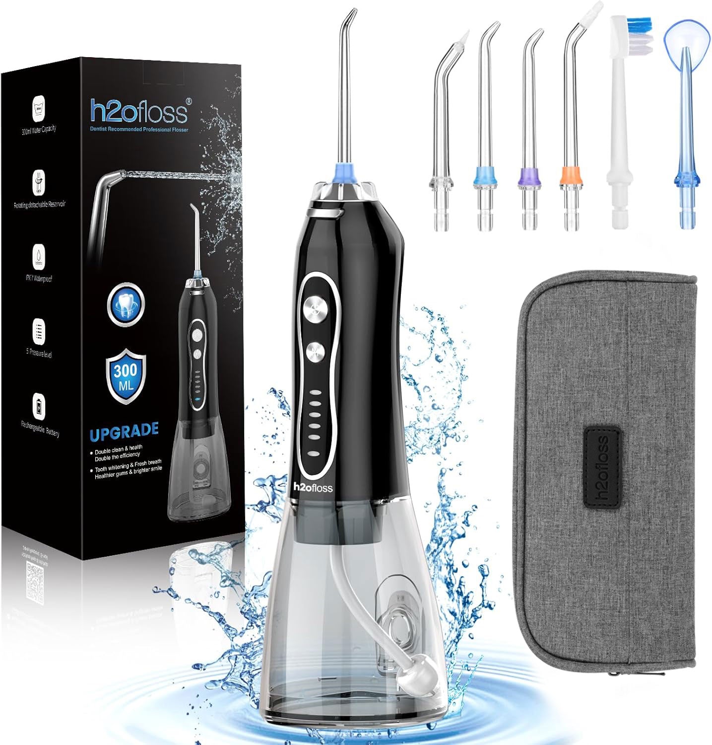 h2ofloss Oral Irrigator Dental Water Flosser Portable HF-6 Black